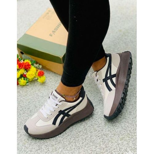 White Womens Casual Lace-Up Sneakers Fashion Trainers with Non-Slip Rubber Sole
