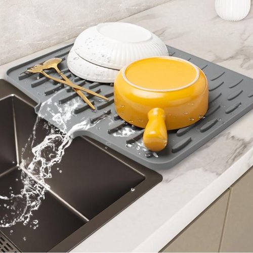 1pc Anti Slip Kitchen Silicone Drain Pad, Heat-Resistant, Built-in Drainage Design, Kitchen Counter Pad for Sinks, Easy to Clean Silicone Tableware Drying Pad, Dedicated Space Saving Dish Rack, Size 40*30cm, Suit for Countertops, Sinks, Refrigerator