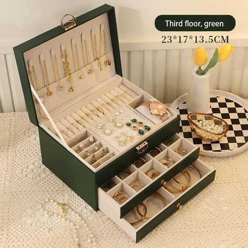 Jewelry Box for Women, 3-Layer Jewelry Organizer, Jewelry Storage Case PU Leather for Earrings, Bracelets, Ring, Necklaces-Green
