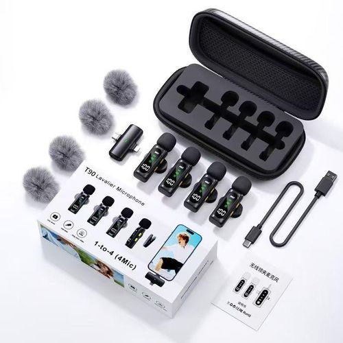 T90 Wireless Lavalier Microphone 4-in-1 – Professional Clip-On Lapel Mic with Noise Reduction, Windproof Muffs & Charging Case for iPhone, Android, YouTube, TikTok, Vlogging, Interviews & Live Streaming