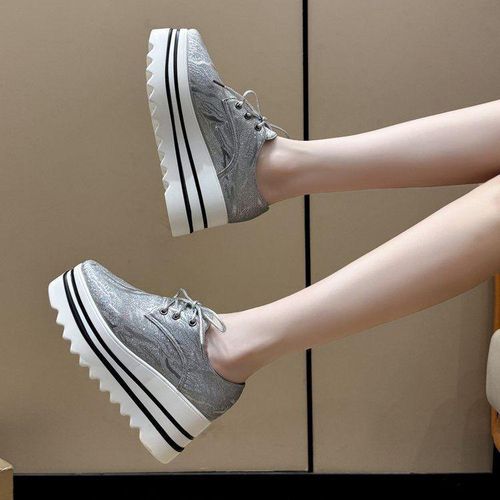 Silver Textured Platform Sneakers with Chunky Lug Sole – Lightweight Lace-Up Casual Fashion Shoes for Women
