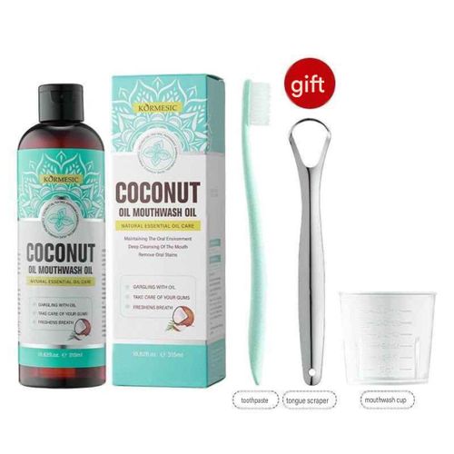 3in1 Complete Set Whitenin* Pulling Oil with Coconut & Peppermint Oil, Tongue Scrapper And Toothbrush, Coconut Oil Pulling with Tongue Scraper, Natural,Alcohol Free Mouthwash to Help with Fresh Breath,Teeth Whitenin* and Gum Health - 315ML