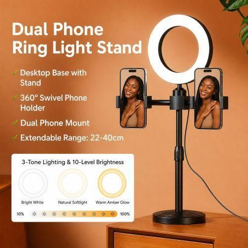 Desktop Phone Stand with 16CM Ring Light, 3 Light Modes & 360° Rotation - Adjustable Height Tabletop Stand with 2 Clips for Live Streaming, Videos & Selfies