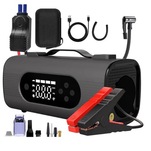 8-In-1 Portable Car Jump Starter & Air Compressor Power Bank, Tyre Inflator, LED Light, Digital Display, Tire pressure monitor Emergency Kit