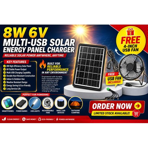 Fast 6V Portable Solar Panel Charger – Multi-USB Outdoor Power Solutions+ Free 4Inch USB fan For Home & Office
