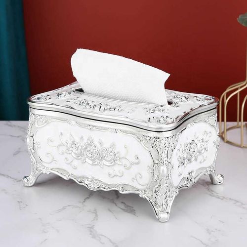 Luxury Vintage European Style Tissue Box Cover - Silver Embossed Rose Decorative Facial Tissue Holder Dispenser for Living Room, Dining Table & Office