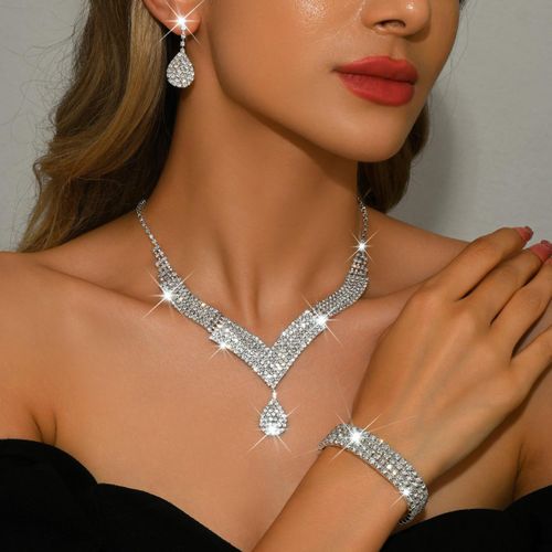 DJL Women Rhinestone Bridal Silver Plated Jewelry Set 3pcs (Necklace + Bracelet + Earrings