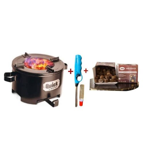 Quick lighter economy charcoal stove + gas refill lighter + quick lighter fire starter box of 100 cubes