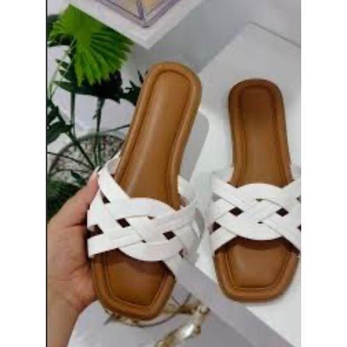 Women's White Woven Strap Flat Slides – Square Toe Slip-On Sandals, Tan Sole