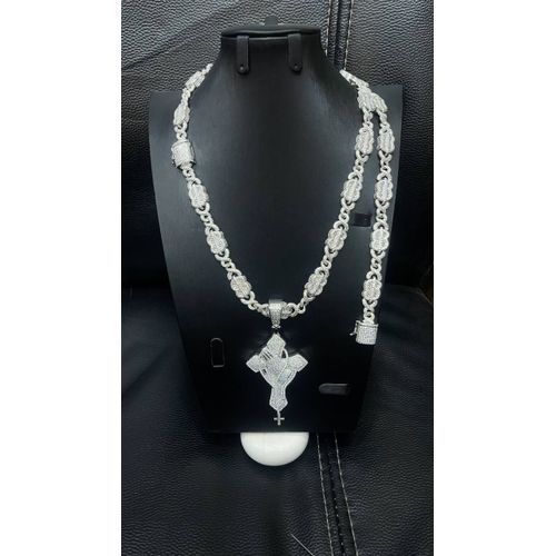 High Quality & Sophisticated Diamond Iced Silver Steel Necklace & Bracelet