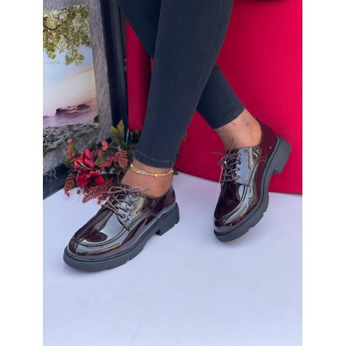 Unisex Coffee Brown Glossy Leather Lace-Up Shoes (EM259C)