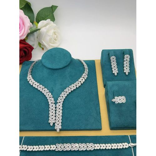 Unique Sophisticated Diamond Iced Silver BraceletEar-ringRing Necklace Set