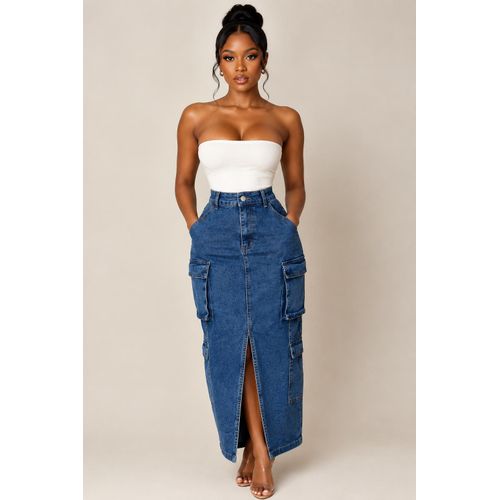 Women's High-Waisted Denim Cargo Maxi Skirt – Long Medium Wash Jean Skirt with Front Slit & Utility Pockets