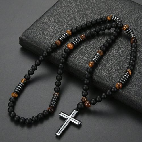 Men's Cross Pendant Necklace, 8mm Natural Tiger Eye and Black Obsidian Bead String, Men's Cross Pendant