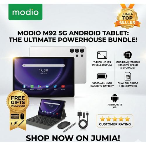 M92 5G Android Tablet with BT Keyboard, Touch Pen & Mouse – 11-Inch HD IPS Display, 16GB RAM, 1TB ROM, 10000mAh Battery, Dual SIM, Android 13