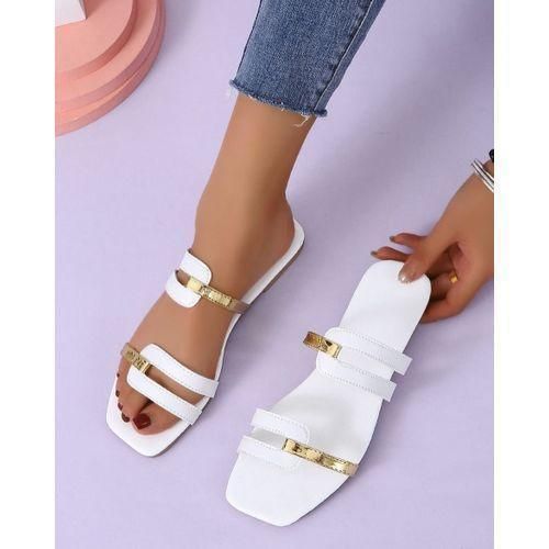 Ladies Palm Slippers- White And Gold Pam