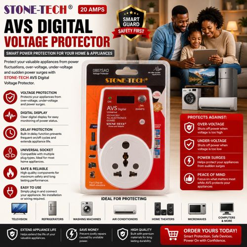STONE-TECH AVS Digital 20A Voltage Protector – Universal Socket Power Guard for Home Appliances