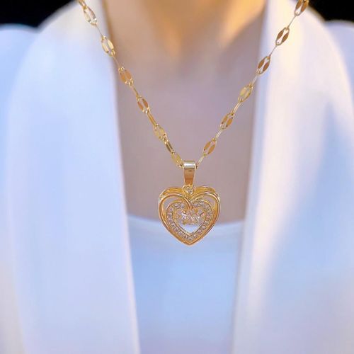 Women's Titanium Steel Double-Heart Pendant Necklace, Zircon-Encrusted Dainty Gold Chain Necklace Gift For Her