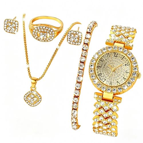 5-piece luxury gold watch set, including watch + bracelet + ring + necklace + earrings