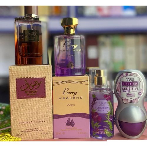 SCENT BERRIES WEEKEND VIOLET PERFUME 25ML & MOUSUF 30ML & BODY MIST & ROLL ON