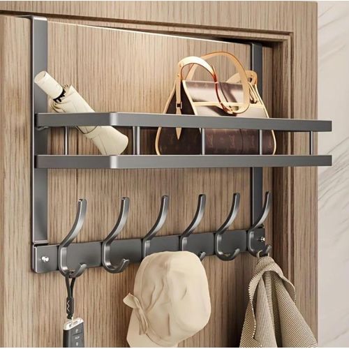 6-hook multi-functional metal easy-to-install back door shelf, suitable for bedroom, bathroom and kitchen storage.