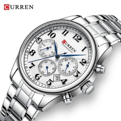 Elegant Silver Steel Chronograph Sports Unisex WristWatch