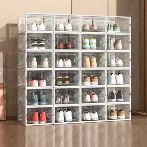 24-Pieces Plastic Stackable Shoe Storage Box - Clear (White Frame)