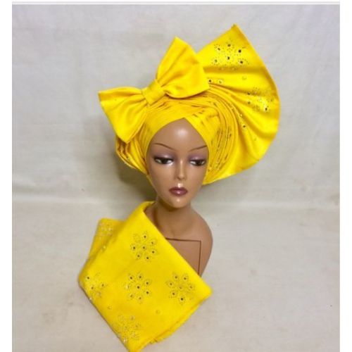 Uniquely Embellished Ladies Autogele With Ipele -yellow
