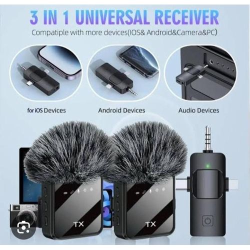 F11-2 Wireless Lavalier Microphone Kits features two transmitters Lapel Mic System, Noise Cancelling, Clip on, Work For iPhone, Type, Android And Camera Port