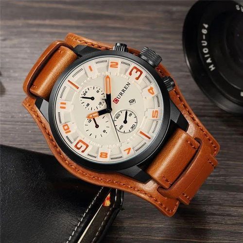Multifunction Men's White Brown Designer Strap Chronograph Watch