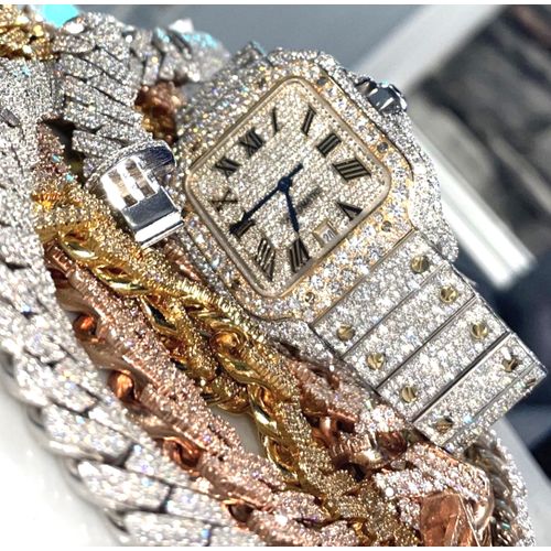 100 Iced Studded Sophisticated No Fading Wrist Watch Jagged Iced Bracelet For Men With Steeze