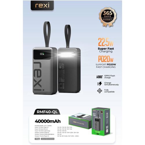 Rexi 40000mAh Digital percentage Display Power Bank PD 22.5W + LED Flash