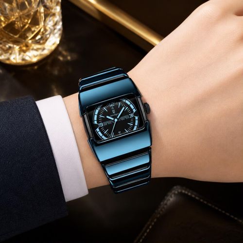 Premium High Quality Hard Core Glass Stainless Steel Chronograph Blue WristWatch - Water Resistant