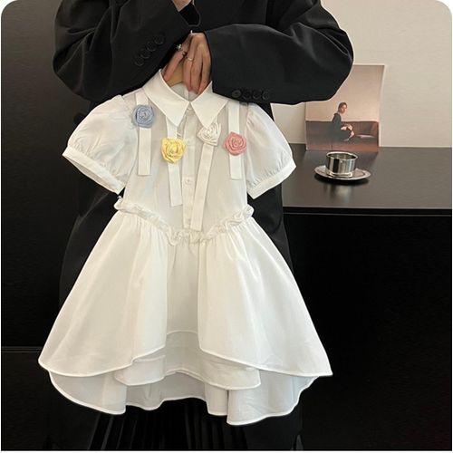 Girls fashionable flower white puff sleeve dress