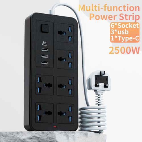 Power Strip with 6 AC Outlets, 3 USB Ports & 1 Type-C Port – 6FT Extension Cord, Surge Protection – Black Frosted-UK plog