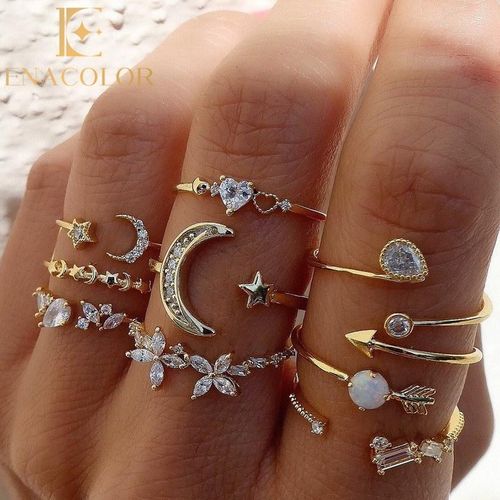 9Pcs/Set Exquisite Moon Flower Set Rings Luxury Zircon Crystal Metal Ring Jewelry Accessories