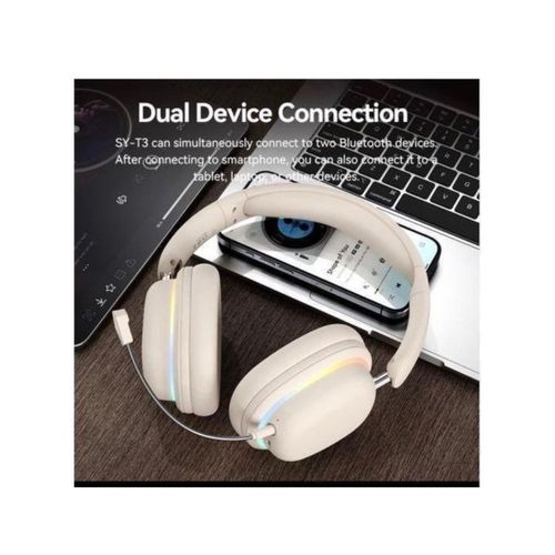 SY-T3 Bluetooth Over-Ear Headphone – Noise Cancellation RGB Light Headphones Wireless Gaming Headset with Detachable Microphone & Deep Bass - Cream white