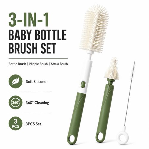 3 in 1 Silicone Baby Bottle Brush Set, Bottle Cleaning Brush with Nipple Brush & Straw Brush – 3PCS