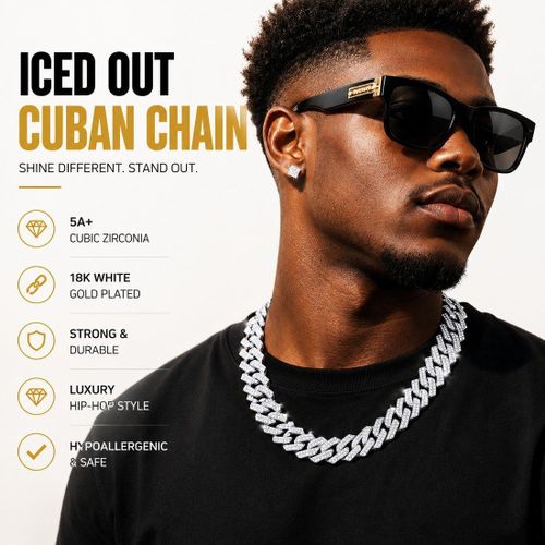 Iced Out Cuban Link Chain Necklace for Men Women 18K White Gold Plated Bling 5A+ Cubic Zirconia Baguette Diamond Lab Simulated CZ Hip Hop Choker Layering Heavy Jewelry Gift for Rappers