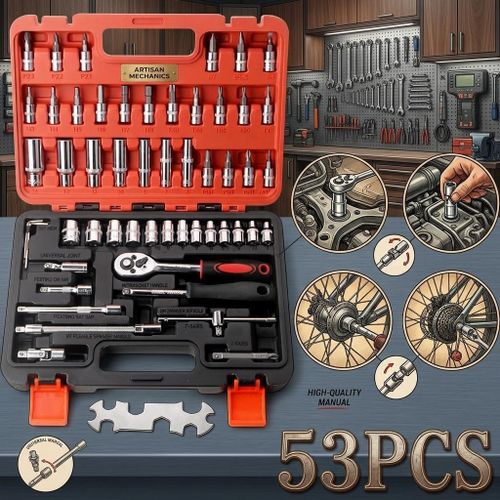 Drive Ratchet Socket Wrench Set Screwdriver 53 Pcs 1/4 Repairing Kit /Spanner Set/Screwdrivers Set, Auto Repair And Maintenance Power & Hand Toolset ,Screwdriver Bits, Extension Bars and Storage Case for Car Repair, Bicycle Maintenance and DIY Tools