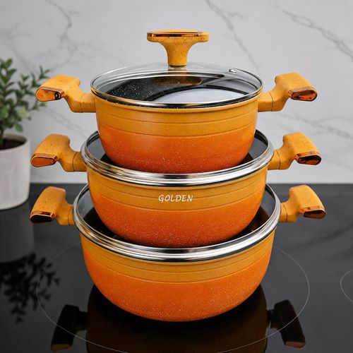 Golden Premium 6-Piece Non-Stick Granite Cookware Set with Glass Lids