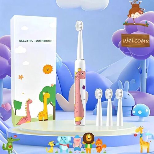 Cartoon Dinosaur Kids Electric Toothbrush Rechargeable IPX7 Waterproof Sonic Toothbrush for Boys Girls, 3 Modes, Auto 2 Minutes Timer, 4 Soft Brush Heads Included