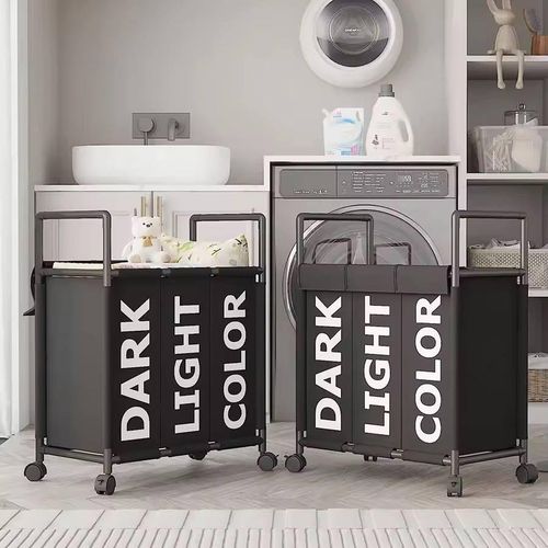 Fabric Dirty Clothes Storage Basket Laundry 3 Section WITH WHEELS