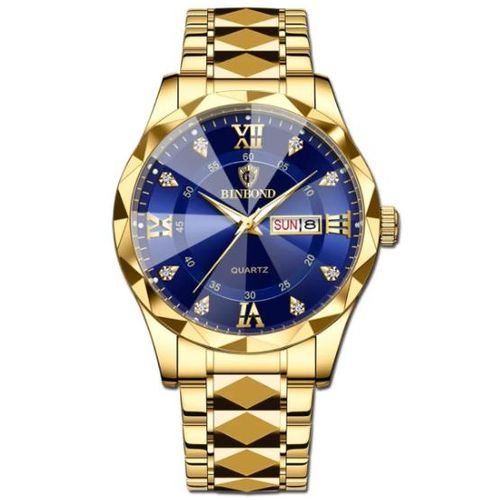 BINBOND Wrist Watch for Men, Luxury Gold Stainless Steel Quartz Wristwatches, Waterproof Glow-in-the-Dark Blue Dial Dual Calendar Mens Black Gold Wrist Watch
