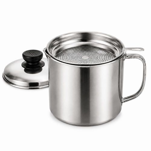 1.3L Stainless Steel Oil Filter Pot with Fine Mesh Strainer & Lid – Cooking Oil Storage, Silver