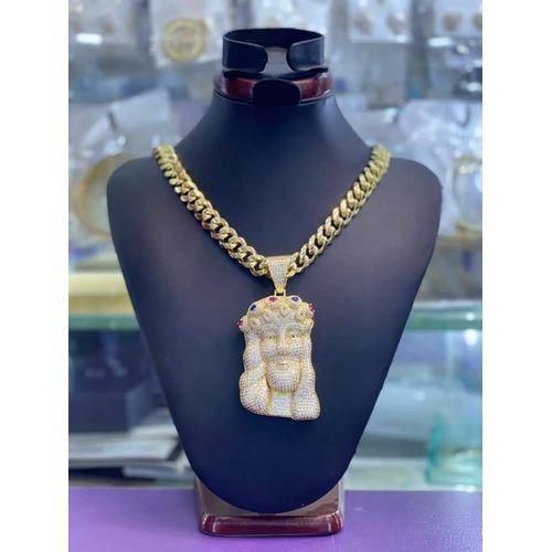 Original Quality Iced Out Cuban Gold Steel Chain With Stylish Diamond Pendant