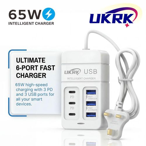 65W Superfast Charger Power Strip, Multi-Port Fast Charging Extension Cord, UK Standard Plug, Output: 110V-240V, 6-Port Charging Station Equipped with 3 USB Ports and 3 Type-C Ports (White)