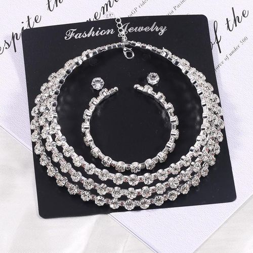 Clearance Sale! Full Diamond Rhinestone Multi - row Choker, Bridal Crystal Silver Necklace, Earrings, Bracelet Three - piece Set, Diamond - set Choker for Women