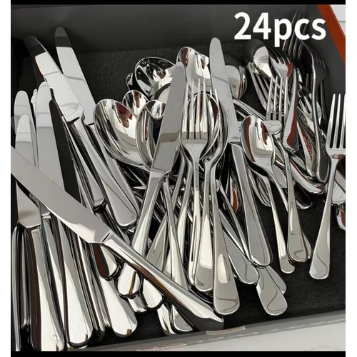 A 24pcs silvery Stainless Steel Cutlery Set Designed for 6 People, Including Dinner Knives, Forks, Spoons, And Teaspoons, with a Mirror Polish End. Suitable for Home Kitchens, Restaurants, Wedding Parties, Christmas, Halloween, Easter