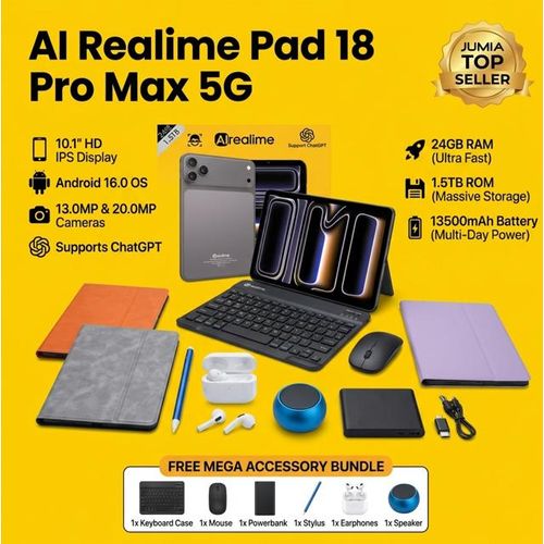 AI Realime Pad 18 Pro Max 5G Tablet with Keyboard & Stylus – 10.1 HD IPS, 24GB RAM, 1.5TB ROM, 13500mAh Battery, Dual Nano-SIM, Android 16, ChatGPT
